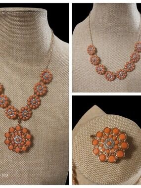 Premier Coral-Orange Floral Cluster Necklace and Pendant